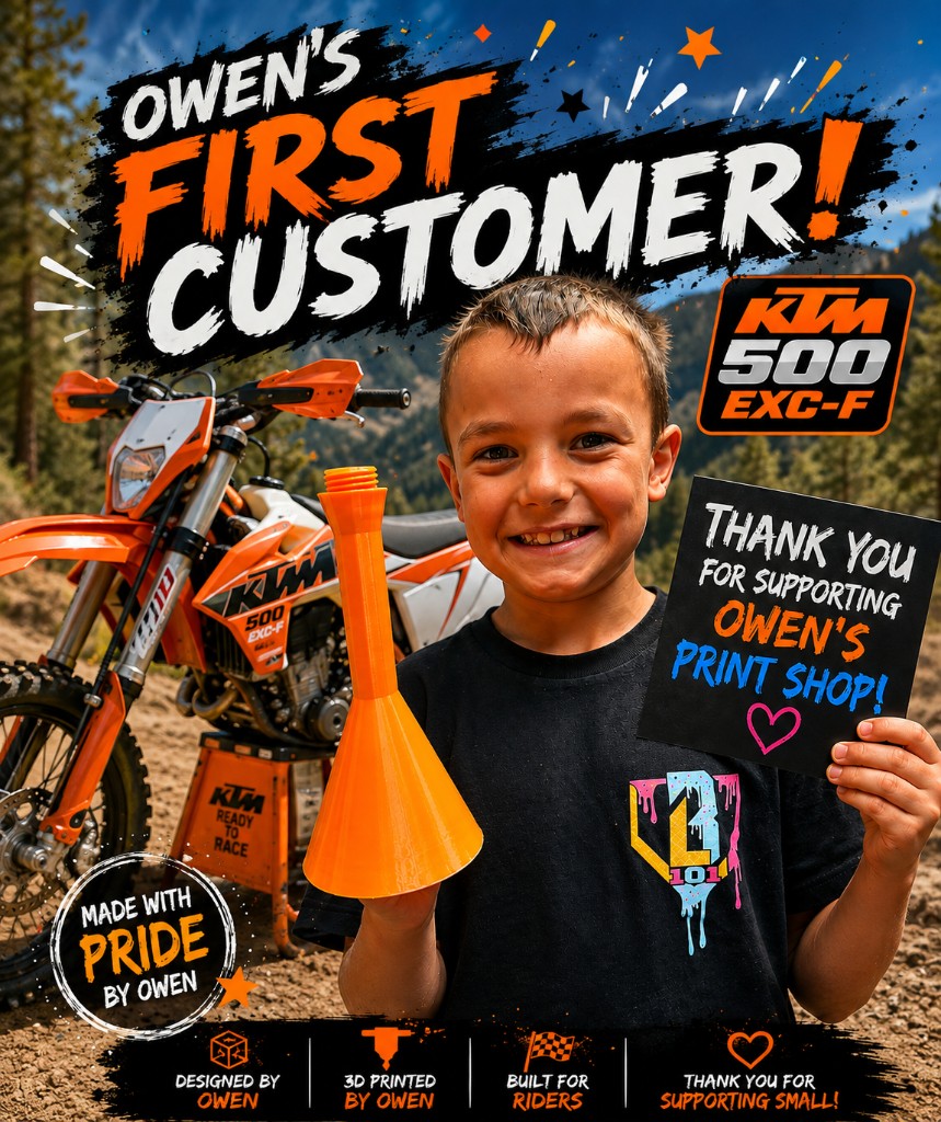 Owen holding his first sold print, an orange KTM 500 oil filler, with a thank-you sign and a KTM dirt bike behind him